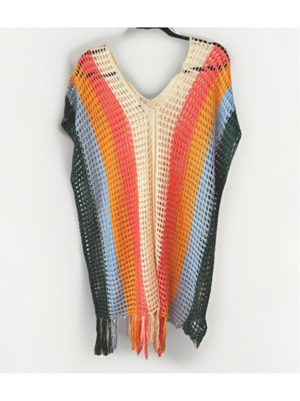 BloomChic Crochet Knit Cover Up Poncho Fringe Multicolor Boho Beach